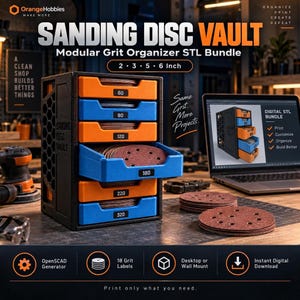 Puede incluir: Un organizador modular negro para discos de lija con cajones alternos naranjas y azules etiquetados con granos 60, 80, 120, 180, 220 y 320. La unidad contiene discos de lija marrones circulares, con discos adicionales apilados cerca.