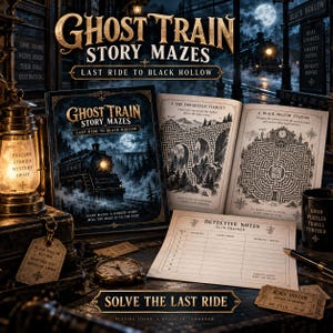 May include: A Ghost Train Story Mazes book titled Last Ride to Black Hollow, featuring an open maze book, a detective notes clue tracker, a vintage lantern, a pocket watch, and a train ticket, all set against a dark, atmospheric background.