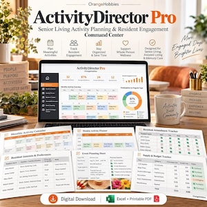 Puede incluir: Un centro de mando digital Activity Director Pro para residencias de mayores, con un portátil que muestra un panel de control con métricas, calendario y gráficos de asistencia, junto a hojas de planificación y seguimiento impresas.