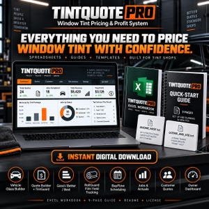 May include: A digital business system for window tinting shops titled TintQuote Pro. The display shows a dashboard with financial data, charts, and job statistics. Included are an Excel workbook, a quick-start guide, and two text files.