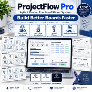 Kanban Stickers for Project Tracking, 180 SVG and PNG Files, 12 Agile Templates