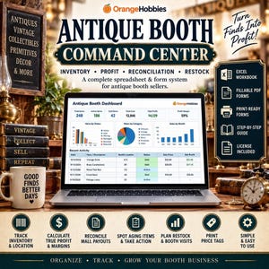 Peut inclure: Un système de feuilles de calcul et de formulaires numériques pour les vendeurs d'antiquités intitulé Antique Booth Command Center par OrangeHobbies. L'écran affiche un tableau de bord d'inventaire avec des graphiques, des marges bénéficiaires et des données de vente, ainsi que des icônes pour Excel, PDF et des guides.