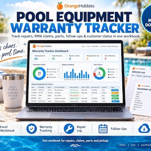 May include: A digital pool equipment warranty tracker workbook displayed on a laptop screen, featuring a dashboard with charts, equipment status, and claim logs. Includes printed service log and equipment record sheets, plus a white tumbler cup.