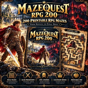 Peut inclure: Collection de 200 labyrinthes imprimables MazeQuest RPG 200 avec un guerrier fantastique portant une épée et une cape rouge. La couverture montre un paysage de château sombre. Inclut 200 labyrinthes, progression d'équipement, ennemis, boss et fichiers PDF imprimables.
