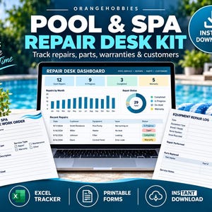 Könnte beinhalten: Ein digitales Pool- und Spa-Reparatur-Set mit einem Laptop, der ein Reparatur-Dashboard anzeigt, einem gedruckten Arbeitsauftrag für Pool- und Spa-Service sowie einem Ausrüstungs-Reparaturprotokoll mit verschiedenen Statistiken.