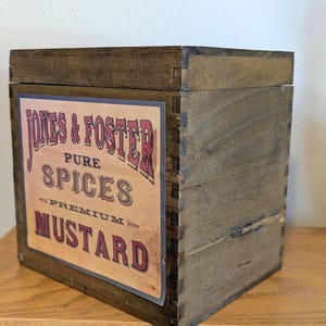Antik Jones & Foster träreklamlåda Vintage senap och kryddor