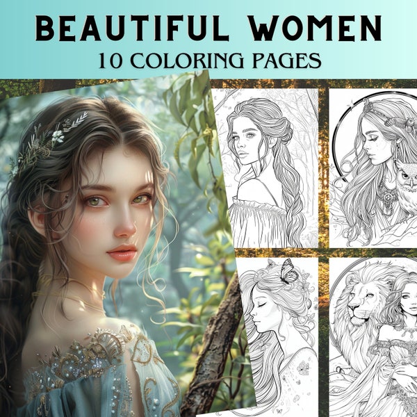 Coloring page for adults to print, beautiful women with animals, goddess coloring page with animals, adult coloring book beautiful women