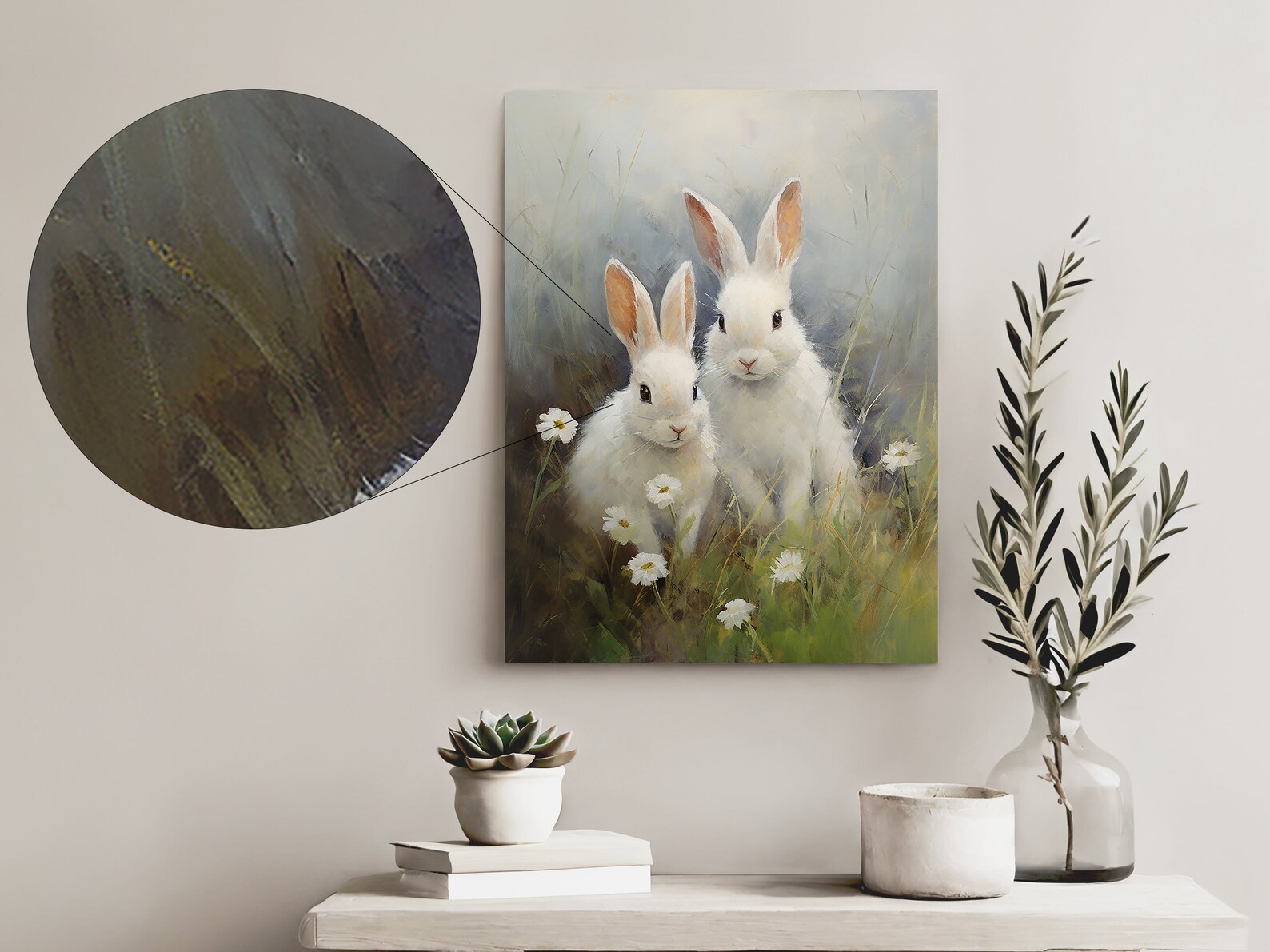 Two White Rabbits Digital Print | Rustic Adorable Bunnies Oil Painting ...
