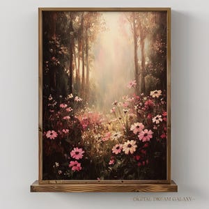 Pink Wildflowers Atmospheric Scenery Digital Print | Nature Oil Painting | Moody Landscape Wall Art | Printable Digital Download