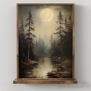 Atmospheric Forest Night Digital Print | Moody Landscape Wall Art Oil Painting | Digital Download Printable Dark Academia Cabin Decor