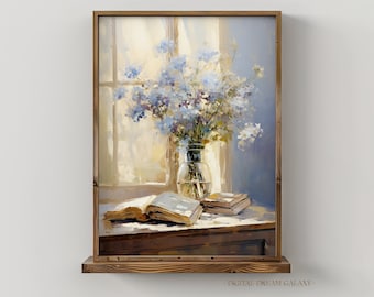 Vintage Blue Flowers Digital Print, Still Life Antique Oil Painting, Rustic Wall Art Digital Download Printable Old Books