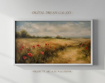 Poppy Meadow Landscape TV Art | Nature Scenery Rustic Oil Painting Samsung Frame TV Art | Digital Download PC Wallpaper | 4k Resolution