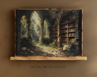 May include: A painting of an overgrown, abandoned library with books scattered on the floor. Sunlight streams through the arched windows, illuminating the dusty shelves. The painting is framed in a wooden frame and mounted on a wooden shelf.