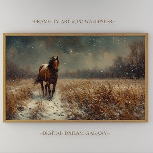 May include: A framed painting of a brown horse running through a snowy field. The sky is gray and cloudy, and there are snowflakes falling. The painting is in a wooden frame.