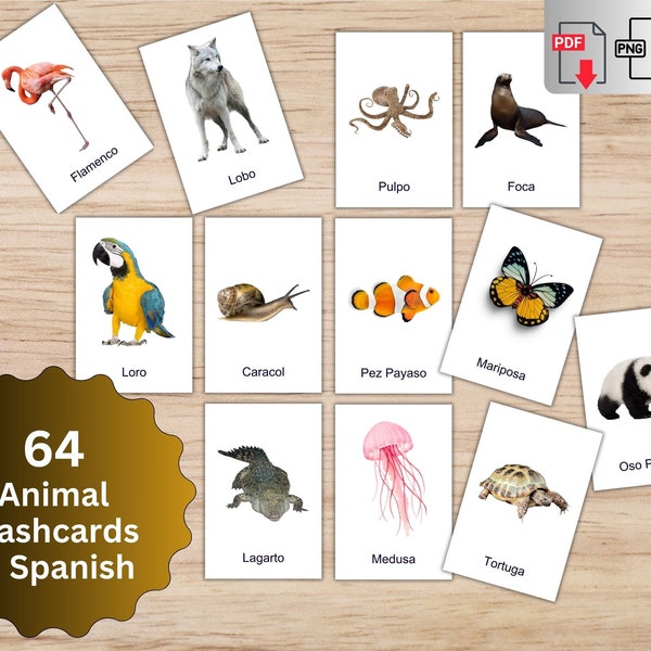 64 Spanish Learning Flashcards | Spanish Animal Flashcards | Spanish Educational Material | Spanish Language | Spanish Printable Sheets