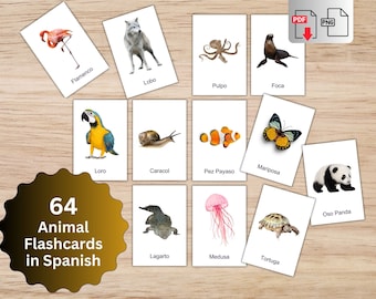 64 Spanish Animal Flashcards: Language Learning Printable (PDF)