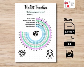 May include: A printable habit tracker with a colorful circular chart for tracking daily habits. The chart is divided into 31 sections, each representing a day of the month. The habits to track are listed above the chart: Learn Japanese, Read (at least 15 pages), 10,000 steps a day, No processed foods, and 8 glasses of water. The text "Habit Tracker" is at the top of the page, and the text "Our habits shape who we are." is below it. The text "MONTH:" is below that. The text "Sizes:" is on the right side of the page, with the text "Letter", "A4", and "A5" below it.