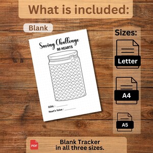 Może przedstawiać: Drukowany tracker do wyzwania oszczędzania z słoikiem wypełnionym sercami. Tracker jest dostępny w rozmiarach letter, A4 i A5. Tekst "Saving Challenge 90 Hearts" znajduje się na g&oacute;rze strony. Tekst "Goal: Heart's Value" znajduje się na dole strony.