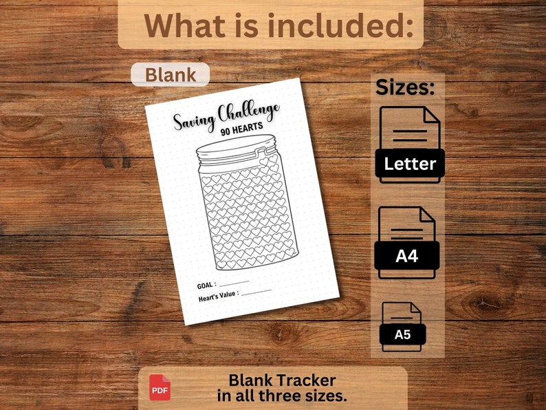 Może przedstawiać: Drukowany tracker do wyzwania oszczędzania z słoikiem wypełnionym sercami. Tracker jest dostępny w rozmiarach letter, A4 i A5. Tekst "Saving Challenge 90 Hearts" znajduje się na g&oacute;rze strony. Tekst "Goal: Heart's Value" znajduje się na dole strony.