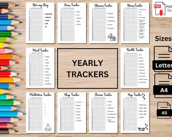 Roczny zestaw trackerów | Zestaw trackerów do druku | Strona dziennika w formatach A5, A4 i Letter | Zestaw trackerów ADHD | Pakiet ekonomiczny