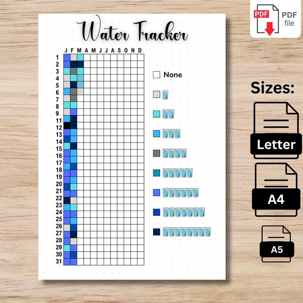 Water Tracker | Printable Water Tracker | A5, A4 & Letter Journal Page | Yearly Tracker | Health Log | Health Tracker | Daily Water Log