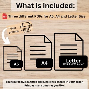Może przedstawiać: Trzy pliki PDF do wydrukowania dla projektu do wydrukowania. Pliki PDF są dla papieru w rozmiarze A5, A4 i Letter. Tekst m&oacute;wi "Łatwe drukowanie" i "Otrzymasz wszystkie trzy rozmiary, bez dodatkowych opłat w swoim zam&oacute;wieniu. Drukuj tyle razy, ile chcesz!"