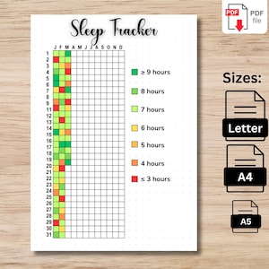 Suivi du sommeil annuel | Suivi des étapes imprimables | Page de journal A5, A4 et lettre | Suivi de la qualité du sommeil | Journal du cycle de sommeil | Analyse du sommeil