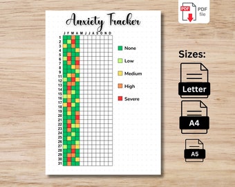May include: Anxiety Tracker printable with a grid for tracking daily anxiety levels. The tracker includes a color-coded key for severity levels: None, Low, Medium, High, and Severe. Available in Letter, A4, and A5 sizes.