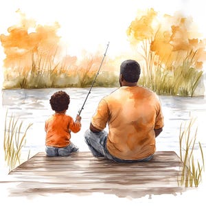 Watercolor Clipart | Father and Son Fishing on the Pier | 8 JPG Images | Cozy Family Moments | Fishing Art | Digital Download
