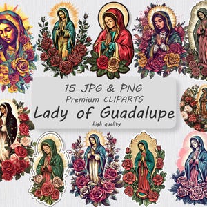 15 Dama de Guadalupe Clipart, Nuestra Señora de Guadalupe Aquarela Clip Art, JPGs para impressão, download de alta qualidade JPG PNG, Virgem Maria