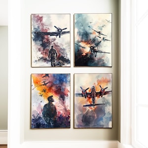 Set of 5 Masters-of-the-Air Prints, Watercolor Poster, Home Wall Art, Fighter Aircraft second world war JPG Posters, Instant Download Print