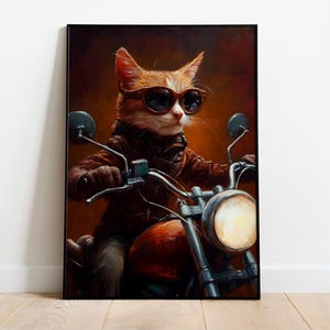 Cool Biker Cat Digital Poster – Oil Painting Style – Cat in Sunglasses Wall Art – Motorcycle Decor – Printable Home Wall Decor