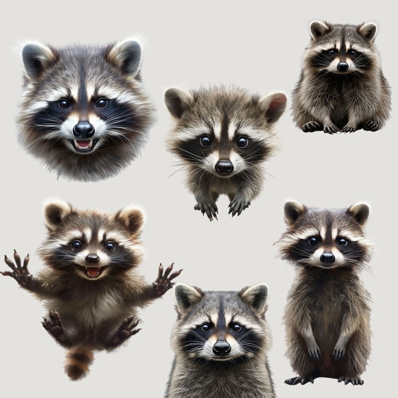 Set of 18 Cute Racoon PNG Poster, Digital Illustration, Racoon Print ...