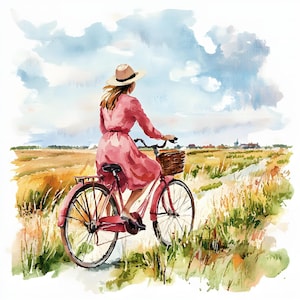 Clipart acquerello / Ragazza in bicicletta nella natura e in città / 17 immagini JPG di alta qualità / Estetica vintage / Download digitale / Arte del giro in bicicletta