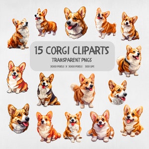 Conjunto de 15 adorables ilustraciones digitales de perros Corgi, paquete de imágenes prediseñadas de perros Corgi, 15 diseños de sublimación de imágenes prediseñadas de perros, archivo PNG de perro, imágenes prediseñadas digitales
