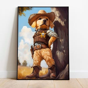 Póster digital de un lindo cachorro de labrador como sheriff, adorable arte animal, divertida decoración de pared occidental, perfecta para amantes de los perros, decoración única para el hogar