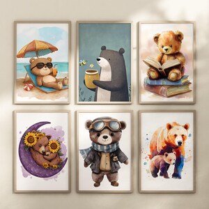 Set of 6 cute Bears Prints, Watercolor Nursery Poster, Digital Illustration, Gallery Wall Art, Animal Image, Kids room Poster Download