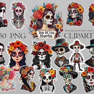 Set von 50 Dia de los Muertos PNG Clipart, digitale Illustration, Tag der Toten Clip Art Bundle, Zuckerschädel, Puppen Clipart, Sofortiger Download