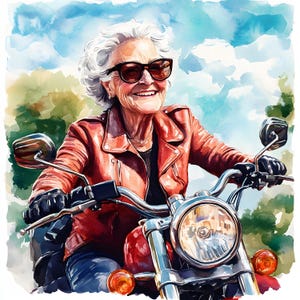 15 Clipart di nonne motocicliste acquerello JPG di qualità, nonna divertente in motocicletta, arte di motociclisti anziani, download digitale, illustrazione di nonna ribelle