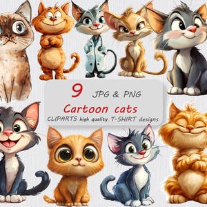 9 PNG & JPG Cute Cartoon Cats Clipart, Printable Animals clipart, Transparent High Quality Digital Clip art Paper craft, t shirt designs