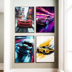 Set of 4 Chevrolet Camaro Prints, Car Poster, Digital Illustration, Gallery Wall Art Image, Printable Quality JPG Posters, Custom Poster