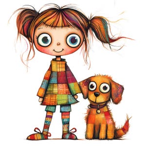 11 High Resolution Images of Cartoon Style Girls with Dogs Watercolor Clipart Set Perfect for Digital Art Invitations, and Creative Projects