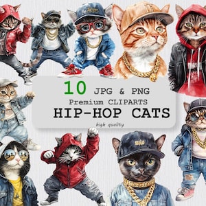 10 PNG & JPG Hip-Hop-Katzen Clipart, süße Katzen-Clip-Art, lustige Katzen druckbare JPGs, transparente hochwertige digitale Clipart, Rapper coole Katzen