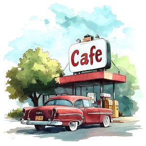21 High-Resolution Images of Vintage American Gas Stations with Classic Cars Watercolor Clipart Set, Ideal for Digital Art Creative Projects