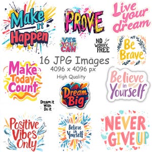 16 JPG images Inspirational Quotes Clipart, Motivational Phrase, Illustrations,Positive Art, Digital Download, Clip Art Bundle