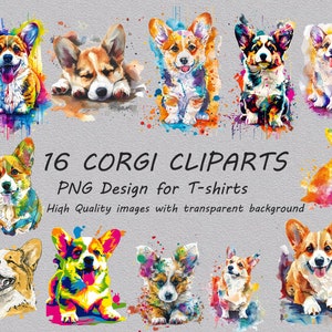 16 Corgis T-Shirt Designs Drucke, sofortiger Download, Corgis Hund Clipart Bundle, 16 Hund PNG Clipart Sublimationsdesigns, Corgis Drucke