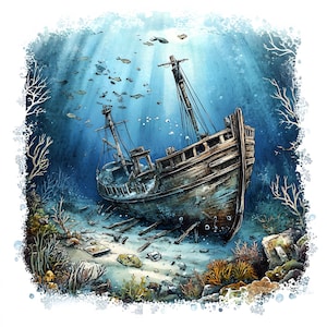 16 navires antiques coulés, clipart aquarelle, 16 images JPG de haute qualité, épave sous-marine Clip Art, Nautical Fantasy, téléchargement numérique