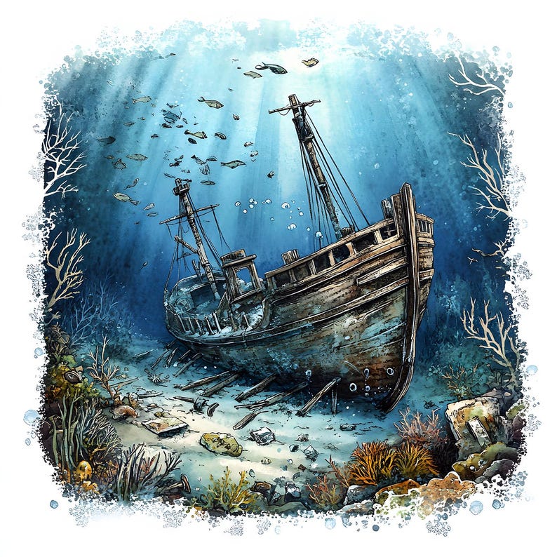 16 Sunken Ancient Ships, Watercolor Clipart, 16 High-quality JPG Images ...
