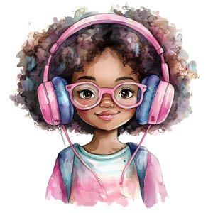10 High-Resolution Images of Black Girls Wearing Headphones Watercolor Clipart, Perfect for Digital Art, Invitations, and Creative Projects