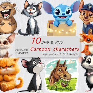 10 PNG & JPG niedliche Cartoon Charaktere Clipart, druckbare Tiere Clipart, transparente hochwertige digitale Clip Art Papierhandwerk, Junk Journal